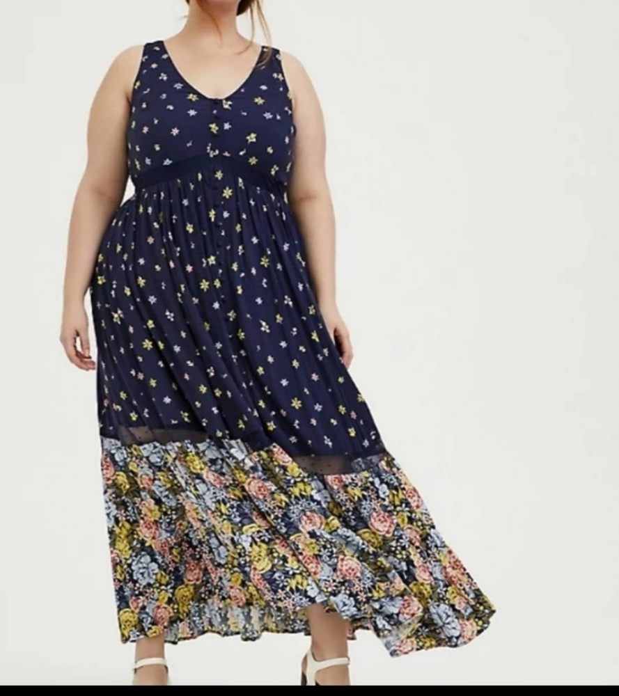 Torrid Torrid Challis Acas Navy Mixed Floral Button Maxi Dress